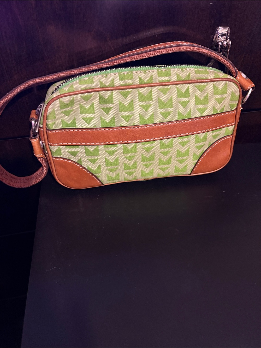Vintage Michael Kors Green Pattern Canvas Mini Crossbody with Tan Leather Trim